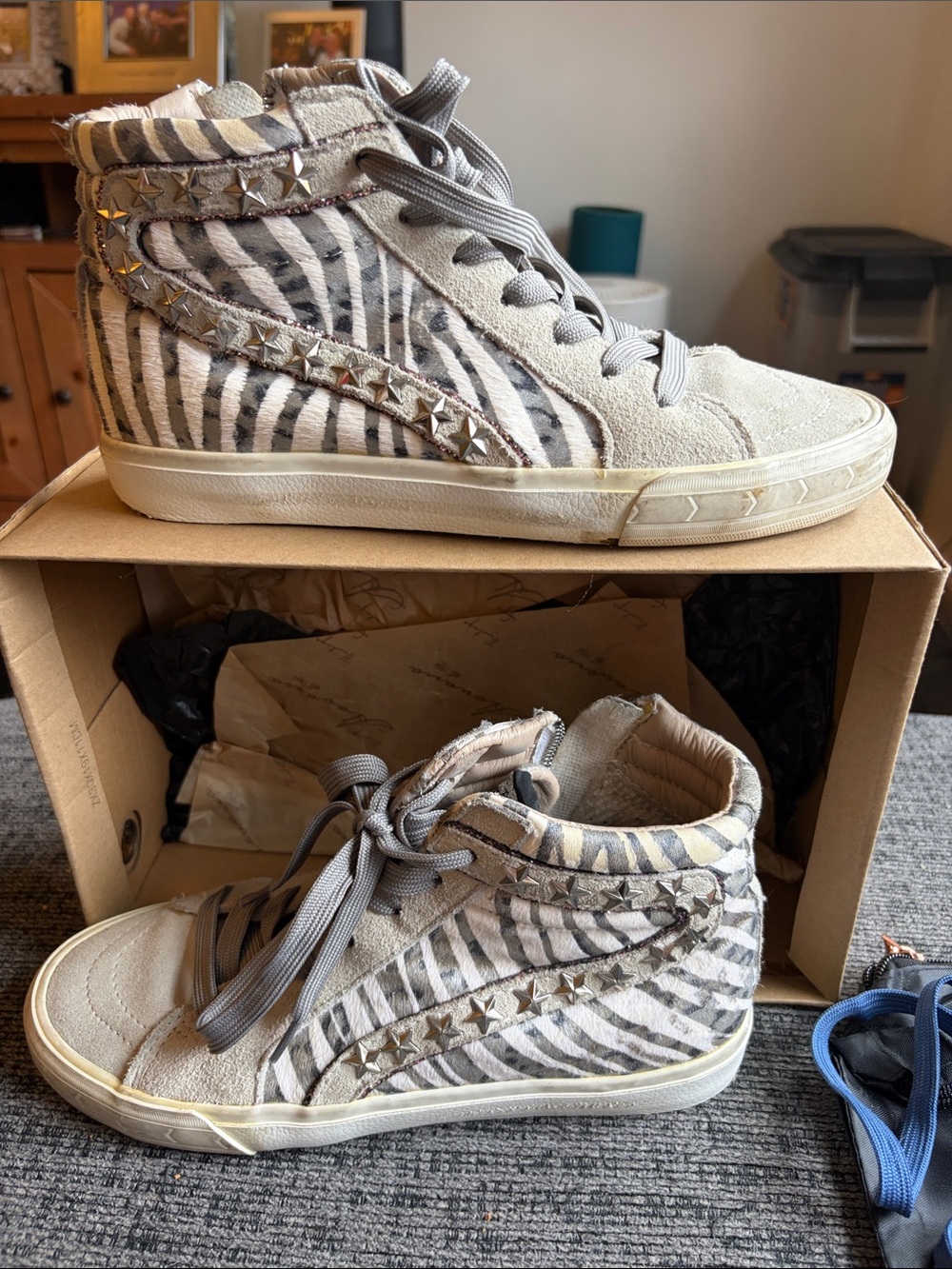 Vintage Havana Gray and Cream Zebra-Print High-Top Sneakers with Star Studs
